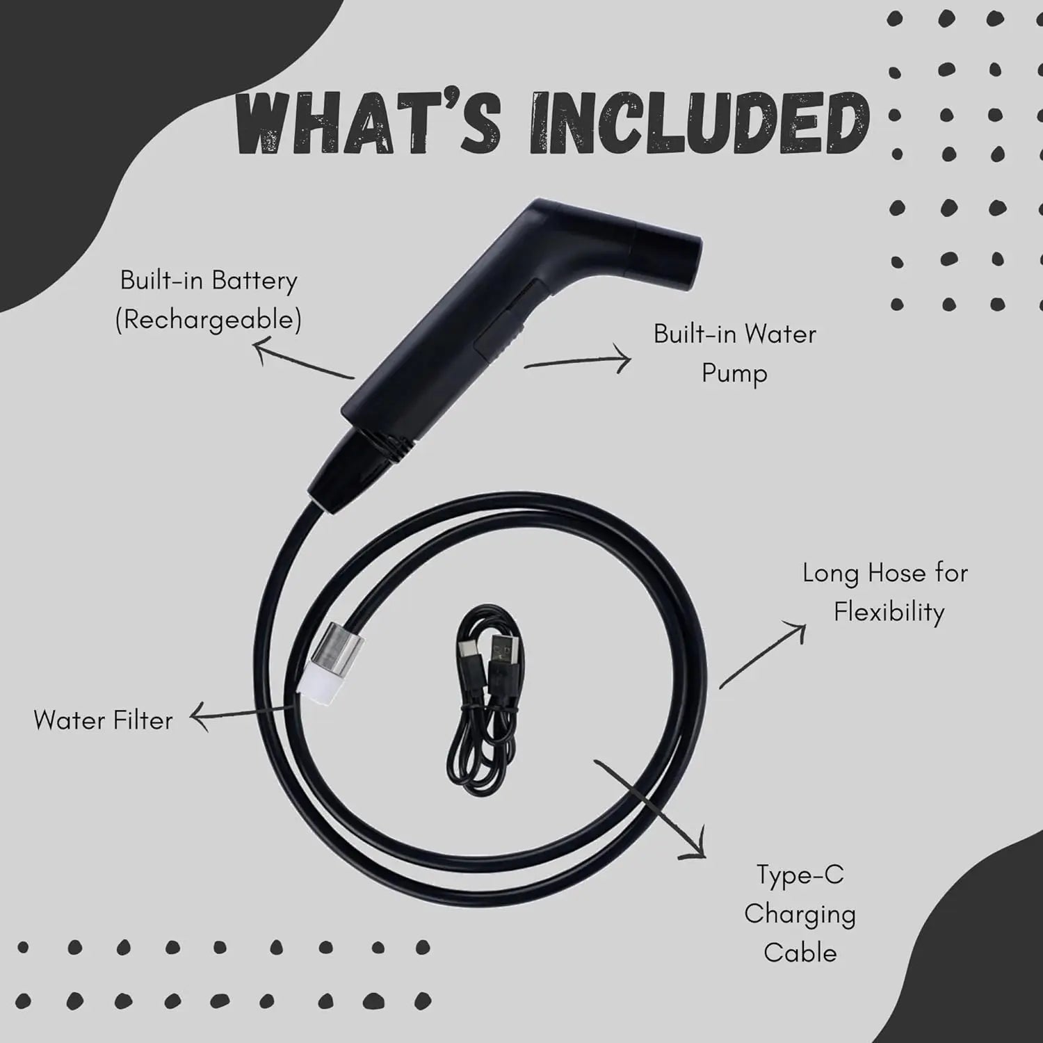 Hygiene Collective Bliss rechargeable travel bidet components including hose, filter, and Type-C cable.