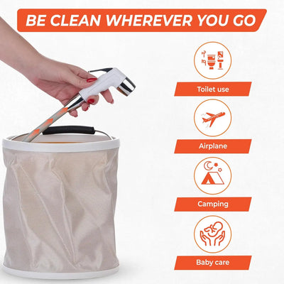 Person using Hygiene Collective Jet - Portable Travel Bidet for outdoor cleanliness, suitable for camping and travel.