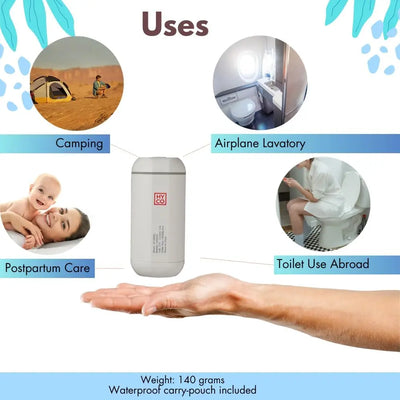 Hygiene Collective Mist portable bidet shown with various uses: camping, airplane lavatory, postpartum care, and toilet use abroad.