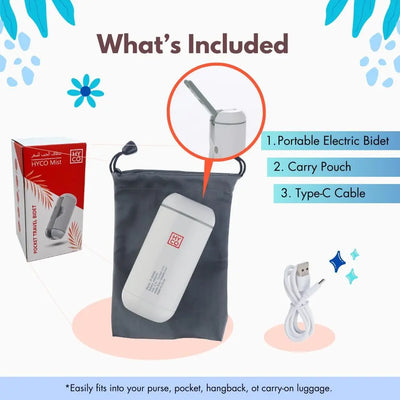 What's Included with Hygiene Collective Mist Portable Bidet: Electric Bidet, Carry Pouch, USB Type-C Cable
