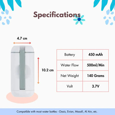 Hygiene Collective Mist portable bidet specifications including dimensions, battery capacity, water flow rate, weight, and voltage.