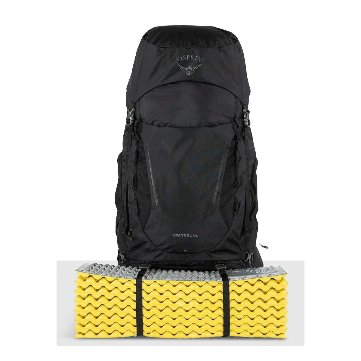 Osprey Kestrel 68 - Men backpack for outdoor adventures, ideal for trailwork and hiking. Black rucksack with yellow pad attached.