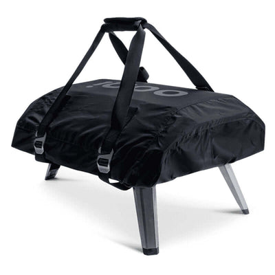 Ooni Carry Cover for Ooni Koda 12, black protective cover with straps for portability and protection, fitted on Ooni Koda 12 oven.