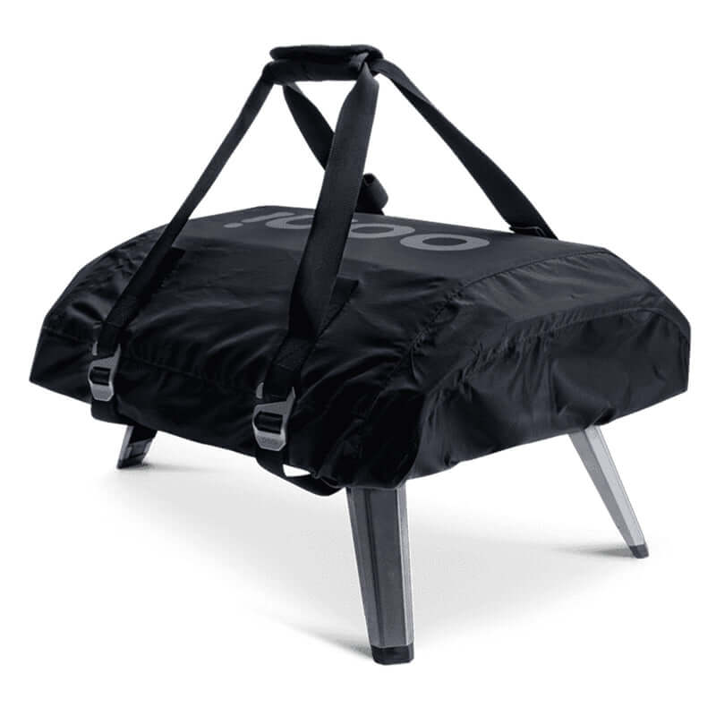 Ooni Carry Cover for Ooni Koda 12, black protective cover with straps for portability and protection, fitted on Ooni Koda 12 oven.