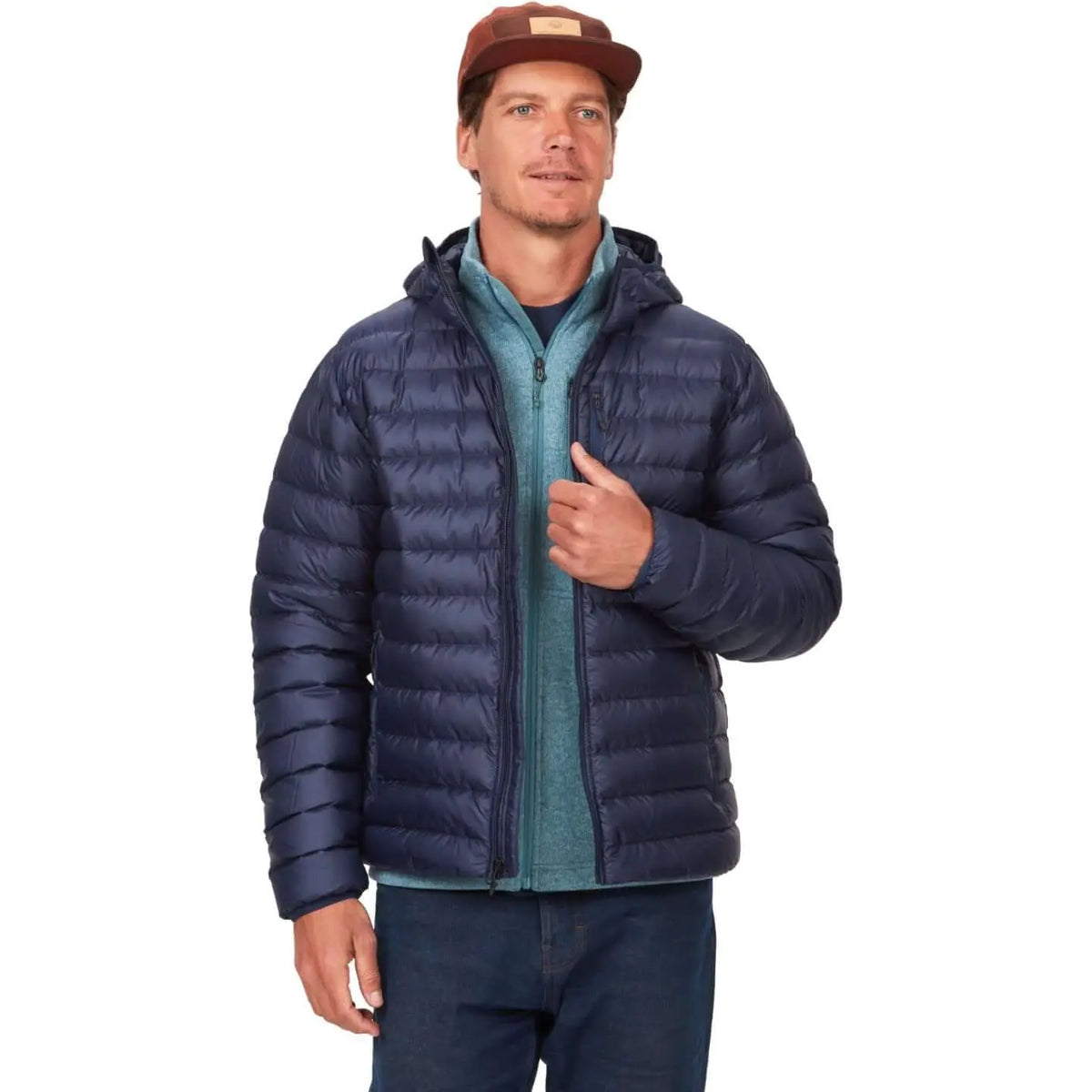 Marmot Highlander Jacket - Men in navy worn outdoors, perfect for UAE adventures.