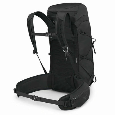 Osprey Talon 33 Extended Fit men's travel daypack, black, side view showing straps and ergonomic design for broader body types.