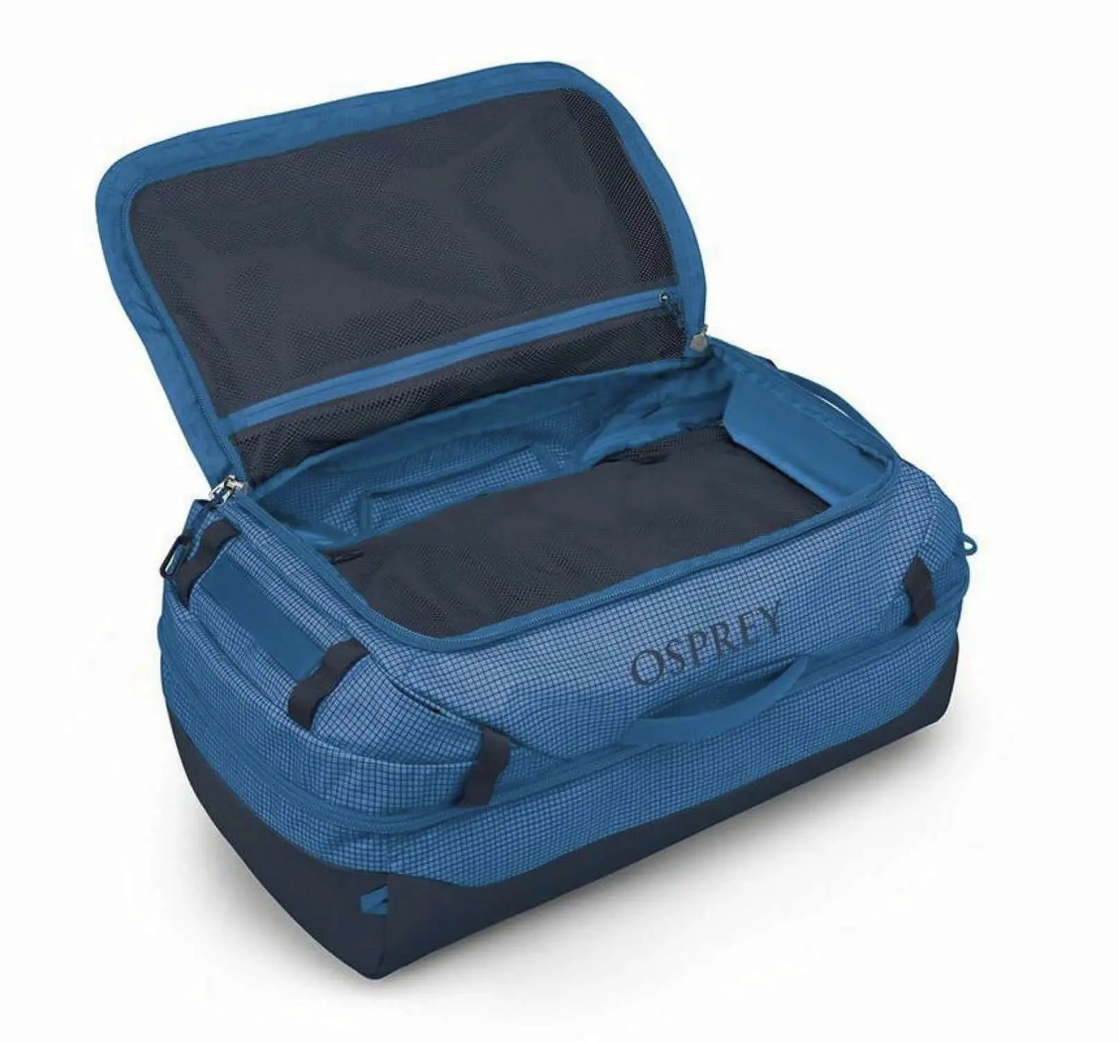 Open center-split compartment of the Osprey Transporter Squffel 70