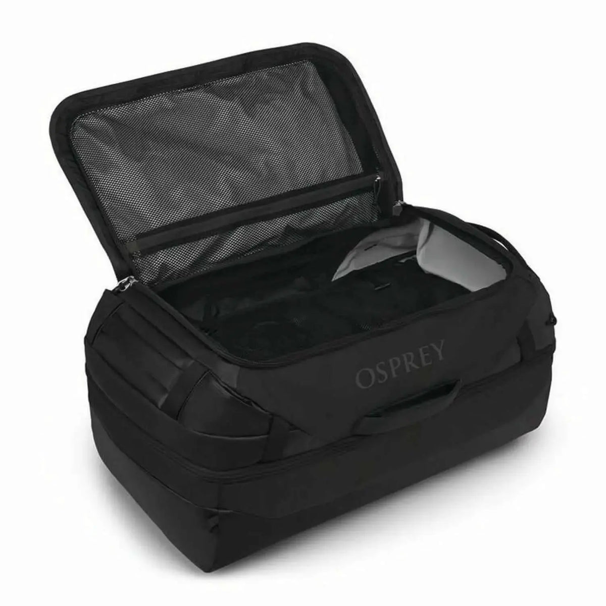 Osprey Transporter Squffel 70 Adventure Duffel Bag with open compartments showcasing rugged design for gear organization.