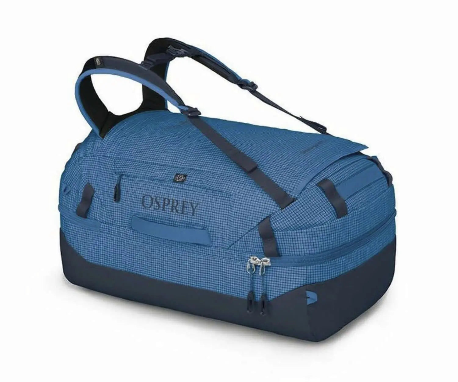 Osprey Transporter Squffel 70 Adventure Duffel Bag in blue, featuring durable straps and spacious compartments for outdoor gear.