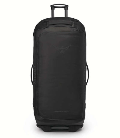 Transporter Wheeled Duffel 120 by Osprey, black wheeled duffel bag with sturdy handle and wheels for travel.