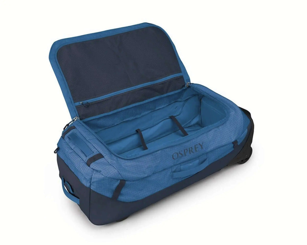 Open Osprey Transporter Wheeled Duffel 120 showcasing spacious interior and durable materials.