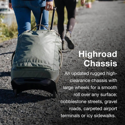Transporter Wheeled Duffel 120 with HighRoad chassis featuring oversized wheels for smooth mobility on various surfaces.