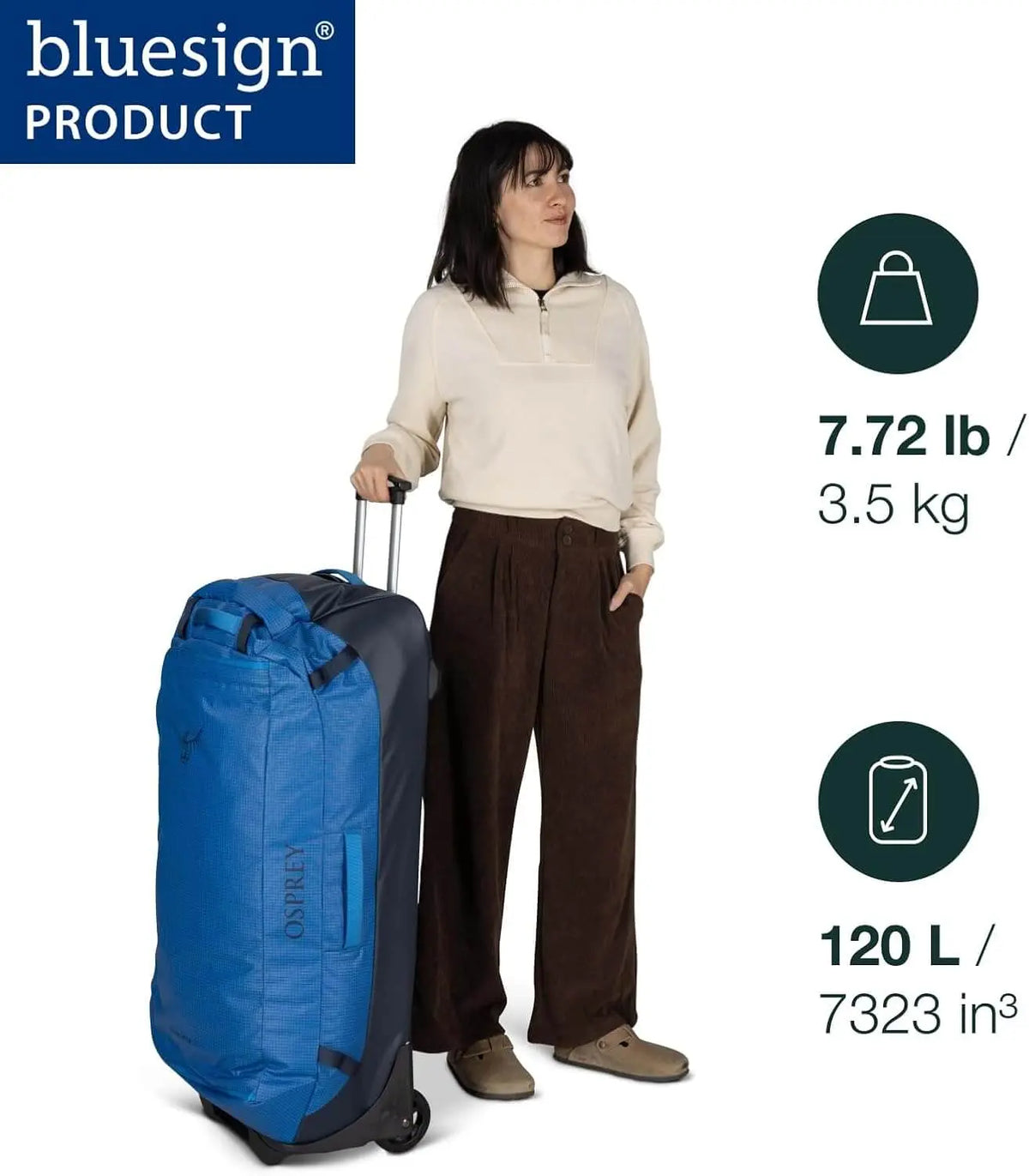 Osprey Transporter Wheeled Duffel 120 in blue, showcasing high-clearance wheels and spacious design for outdoor adventures.