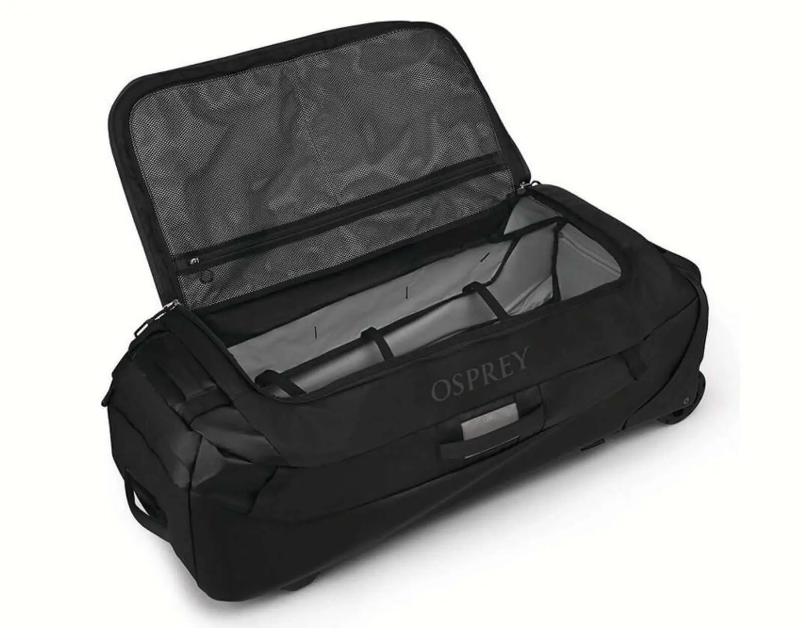 Osprey Transporter Wheeled Duffel 120 open, showcasing spacious interior and durable construction for travel.