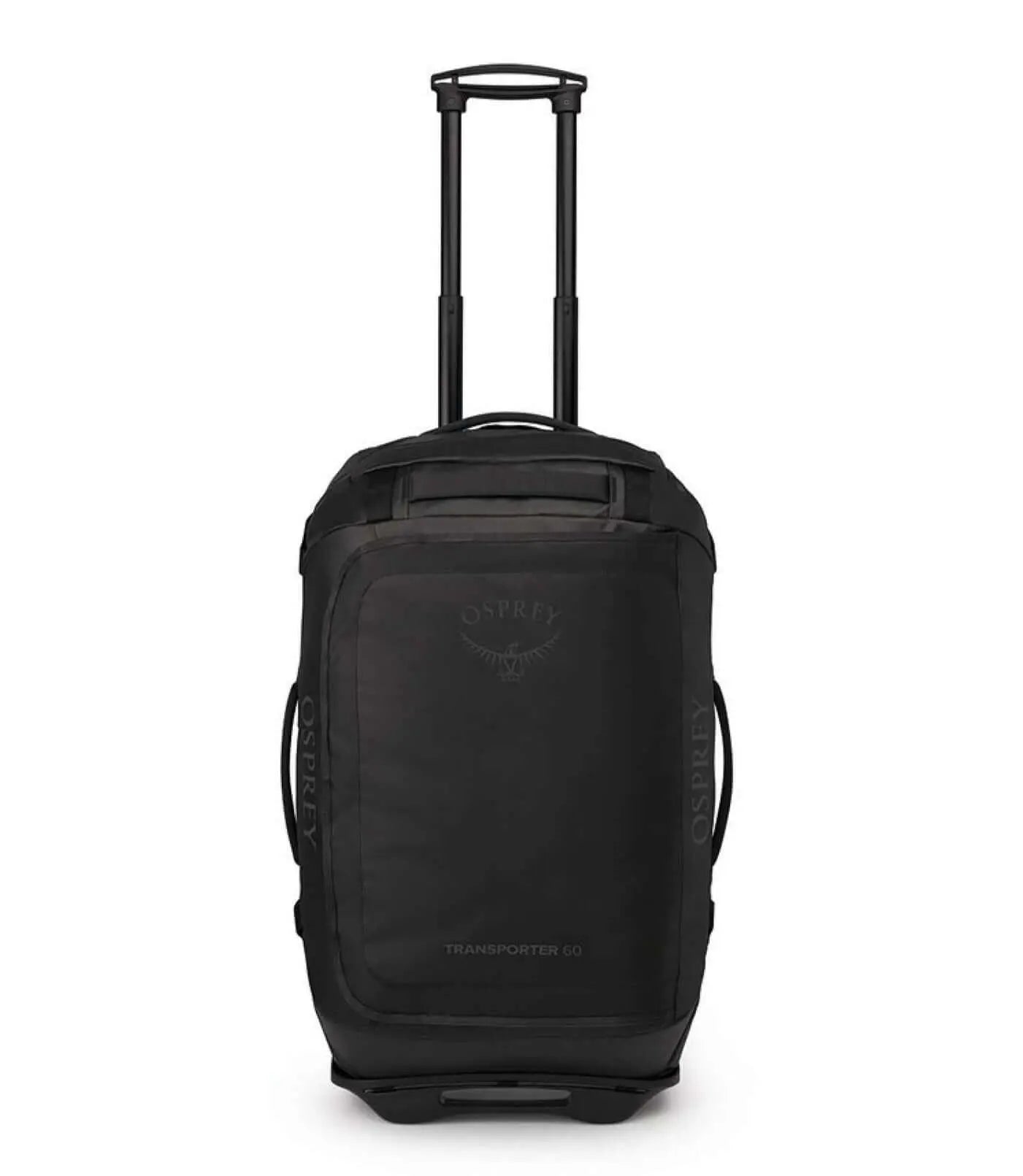 Transporter Wheeled Duffel 60 by Osprey, black wheeled duffel bag with trolly handle and large wheels.