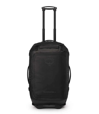 Transporter Wheeled Duffel 60 by Osprey, black wheeled duffel bag with trolly handle and large wheels.