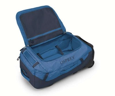 Open Osprey Transporter Wheeled Duffel 60 showcasing spacious interior for heavy cargo.