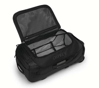 Open Osprey Transporter Wheeled Duffel 60 showcasing spacious interior and durable design.