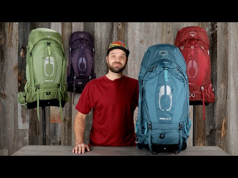 Osprey Atmos AG 50 - Men backpack displayed with multiple color options for comfortable and ventilated hiking trips.