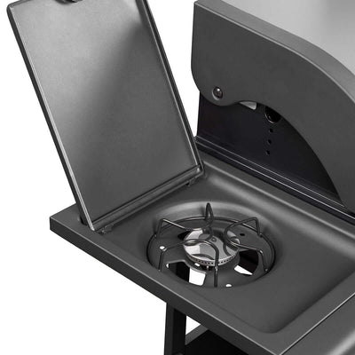 Close-up of the side burner on the Royal Gourmet Gas and Charcoal Barbeque Grill Combo with Side Burner.