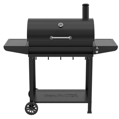Front view of the Royal Gourmet 28-Inch Barrel Charcoal Grill with Front Basket ready for outdoor cooking
