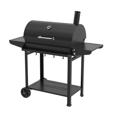 Side view of the Royal Gourmet 28-Inch Barrel Charcoal Grill with Front Basket ready for outdoor cooking