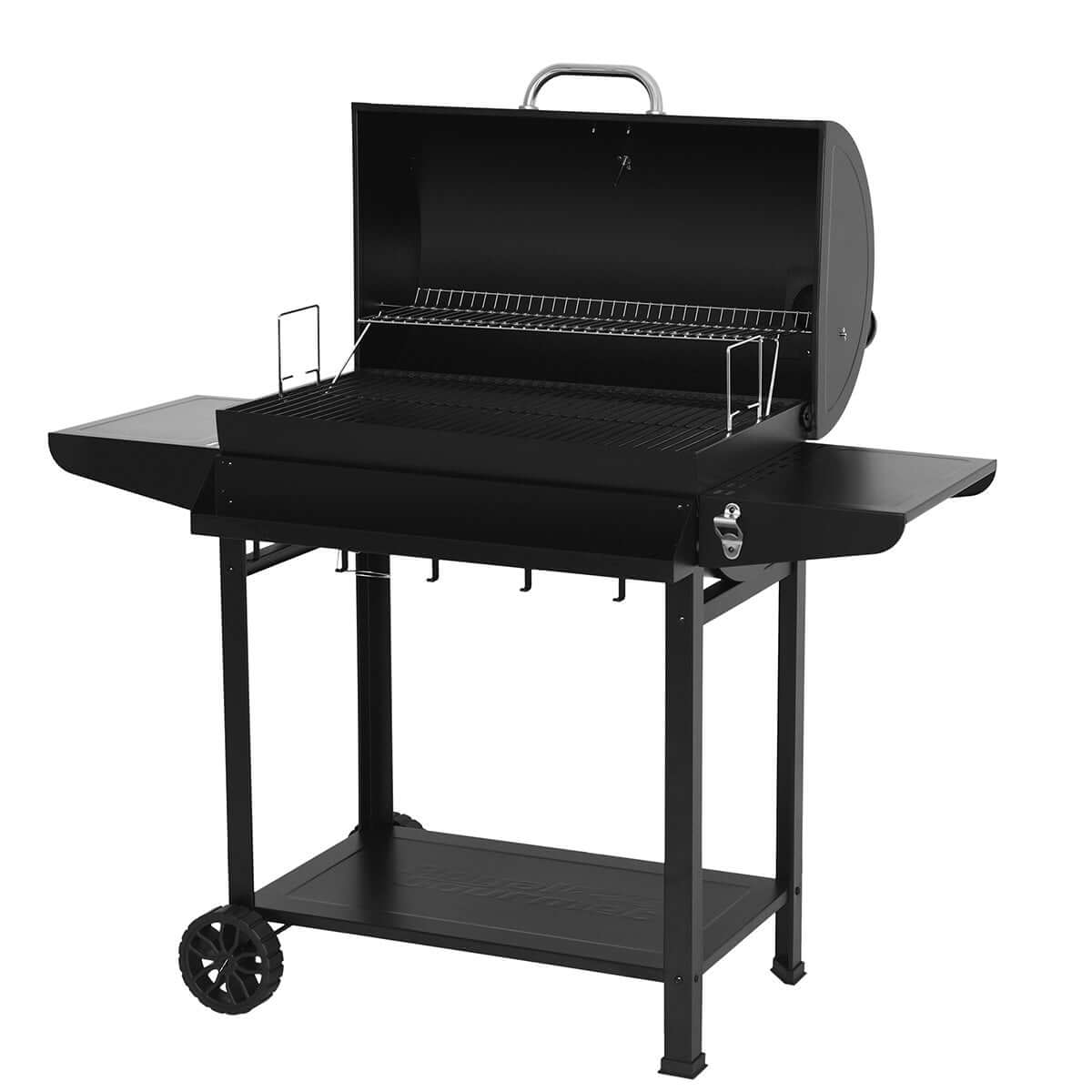 Front view of the Royal Gourmet 28-Inch Barrel Charcoal Grill with Front Basket ready for outdoor cooking with open lid