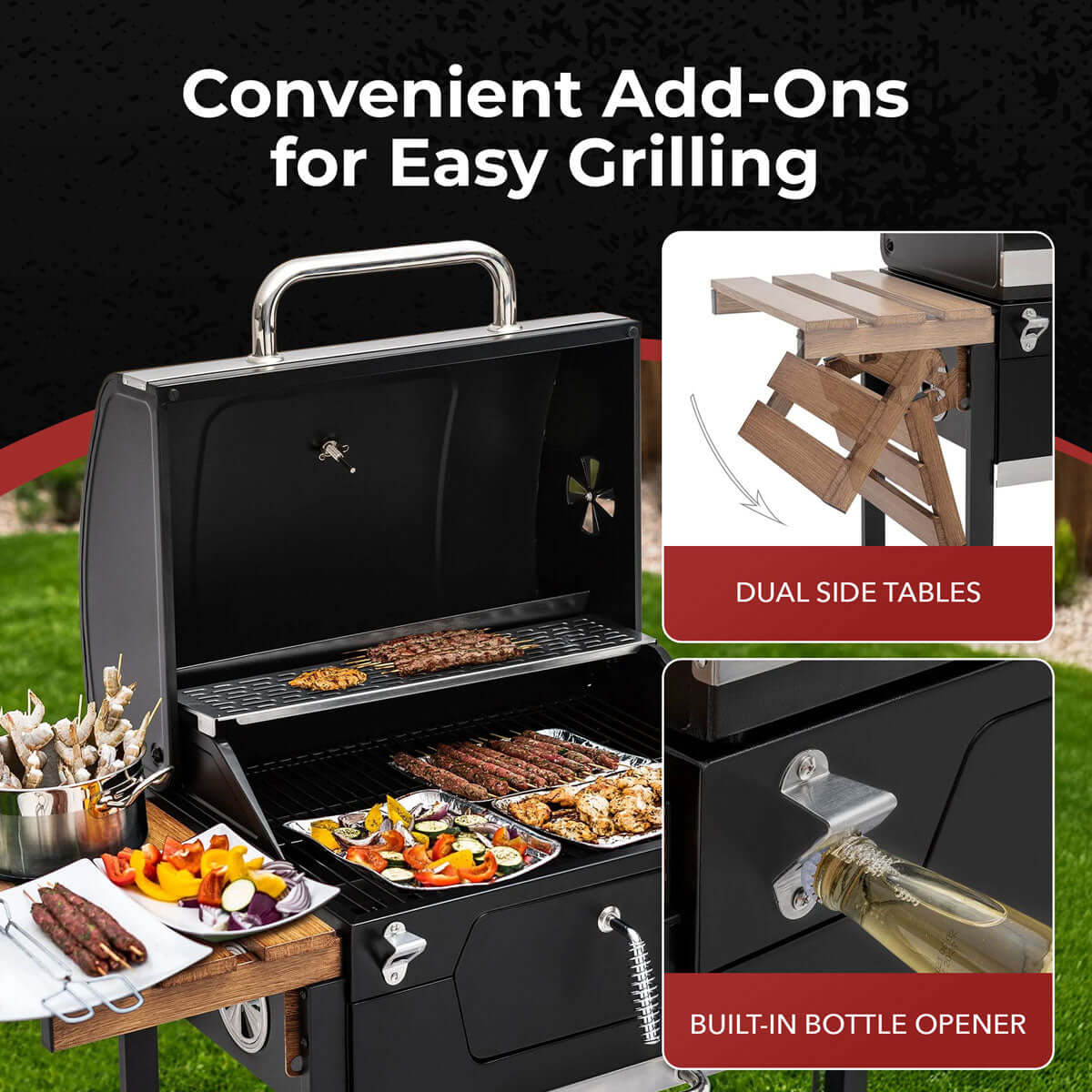 Front view of the Royal Gourmet 24-Inch Charcoal Grill and BBQ Smoker showing the steel cooking grates and side shelves.