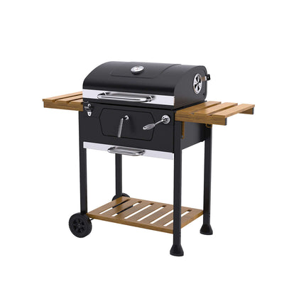 Front view of the Royal Gourmet 24-Inch Charcoal Grill and BBQ Smoker showing the steel cooking grates and side shelves.