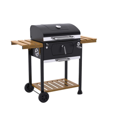 Front view of the Royal Gourmet 24-Inch Charcoal Grill and BBQ Smoker showing the steel cooking grates and side shelves.