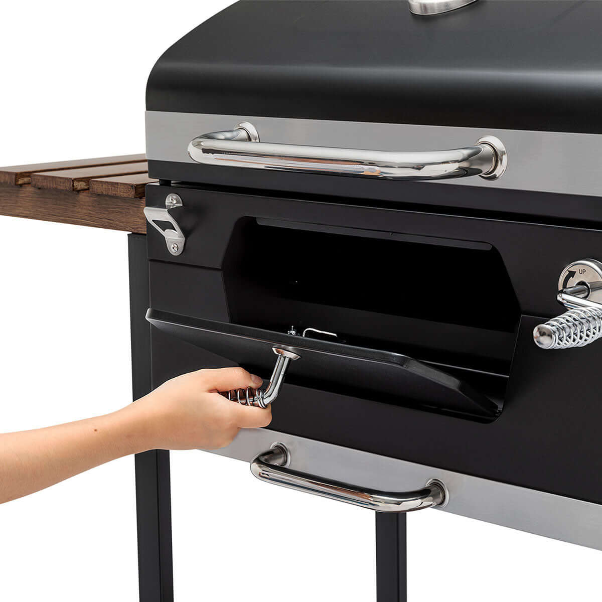Close-up of the built-in lid thermometer on the Royal Gourmet 24-Inch Charcoal Grill and BBQ Smoker.