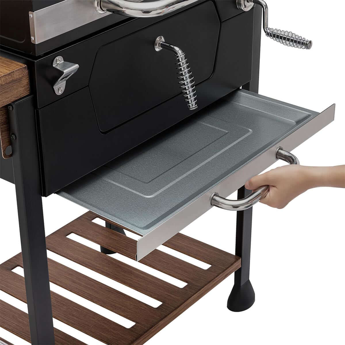 Front view of the Royal Gourmet 24-Inch Charcoal Grill and BBQ Smoker showing the steel cooking grates and side shelves.