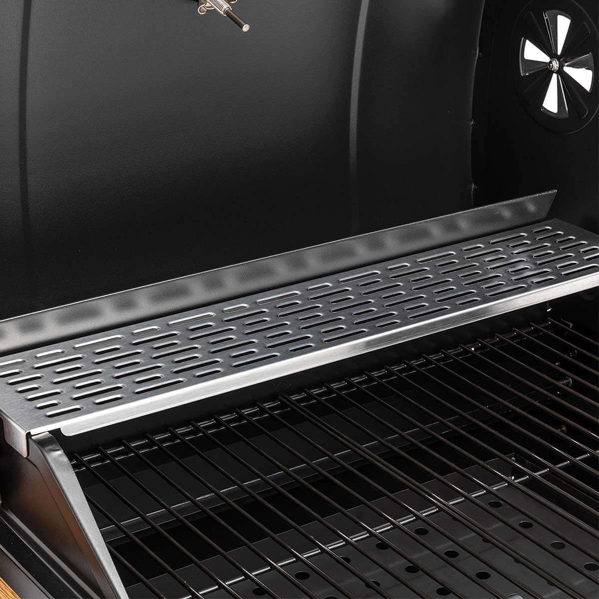 Front view of the Royal Gourmet 24-Inch Charcoal Grill and BBQ Smoker showing the steel cooking grates and side shelves.