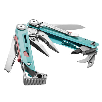 Leatherman Signal Multi-Tool with open tools, ideal for outdoor adventures in the UAE, comes in a display box.