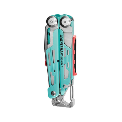 Leatherman Signal multi-tool for survival with display box, designed for rugged terrains, featuring 19 essential tools.