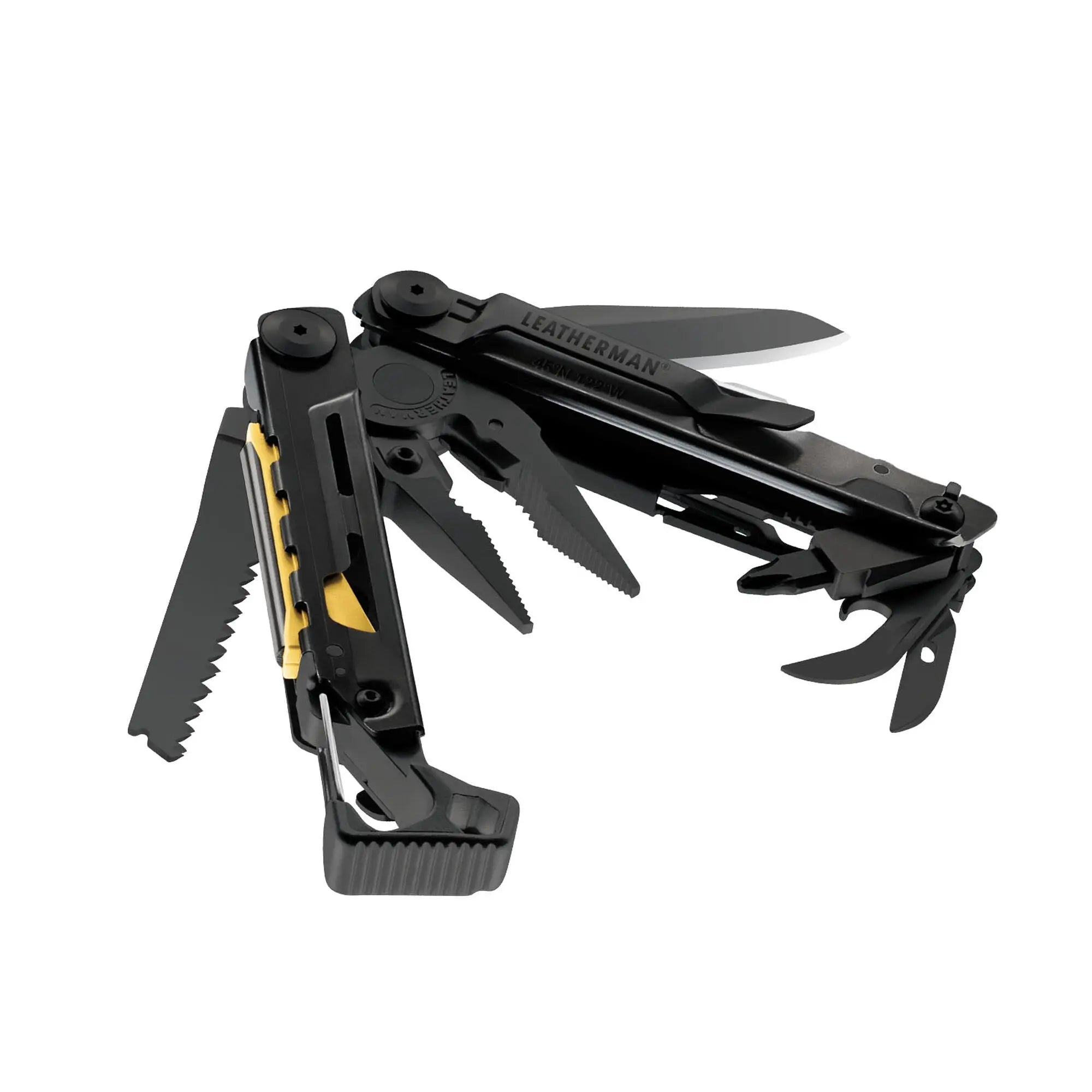 Leatherman Signal multi-tool displayed open showing various tools, designed for survival with 19 essential tools, in a display box.
