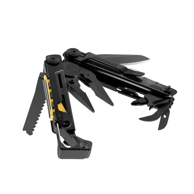 Leatherman Signal multi-tool displayed open showing various tools, designed for survival with 19 essential tools, in a display box.