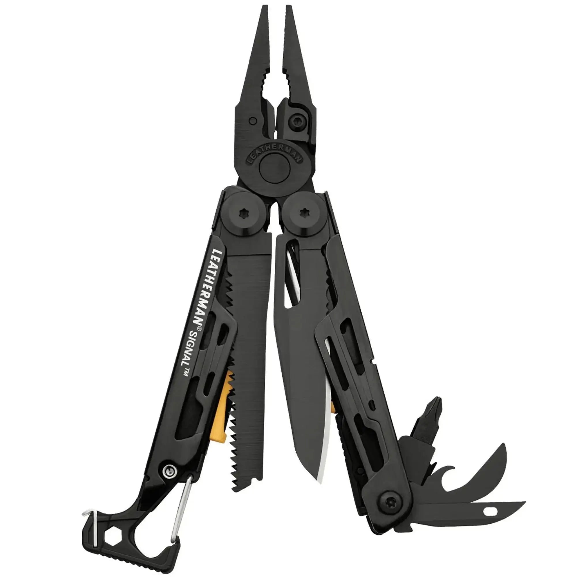 Leatherman Signal Multi-Tool with opened pliers and knives, ideal for outdoor adventures in the UAE, featuring black finish and compact design.