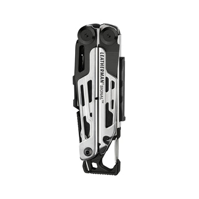 Leatherman Signal multi-tool folded with display box, ideal for survival and outdoor use in rugged terrains.