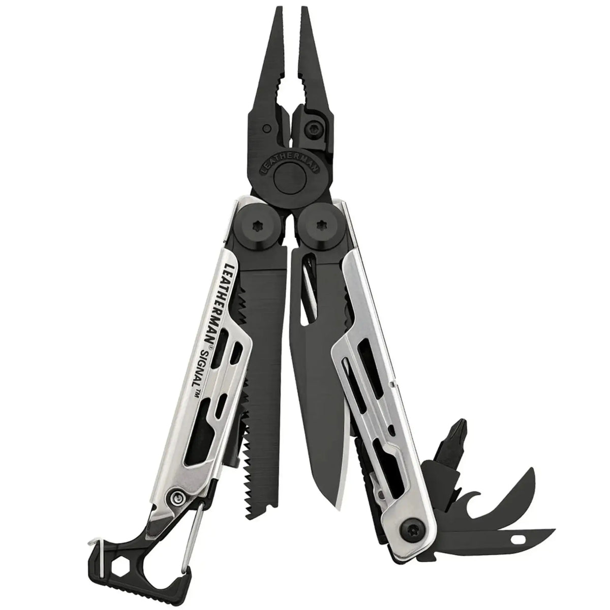 Leatherman Signal multi-tool with open pliers and multiple tools, ideal for survival and adventure in rugged terrains, displayed in box