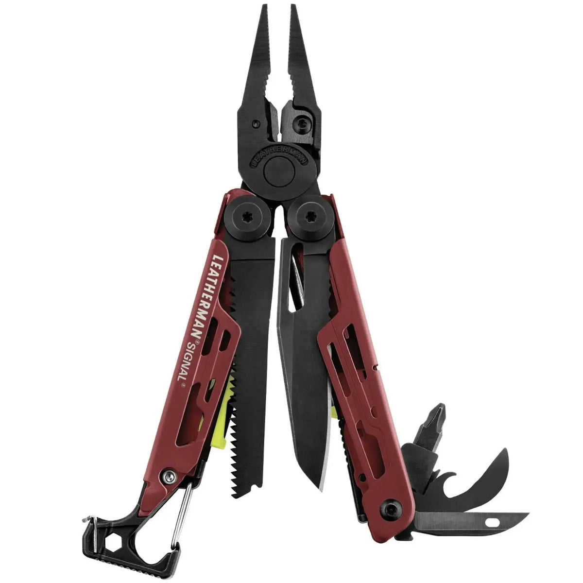 Leatherman Signal multi-tool with 19 essential tools and display box, ideal for survival and adventure in rugged terrains.