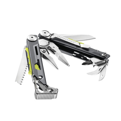 Leatherman Signal multi-tool with display box, featuring 19 essential tools for survival in rugged terrains like the UAE.