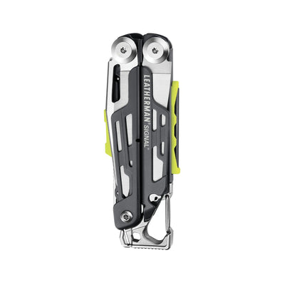 Leatherman Signal multi-tool with 19 essential tools in display box, ideal for survival in rugged terrains of the UAE.