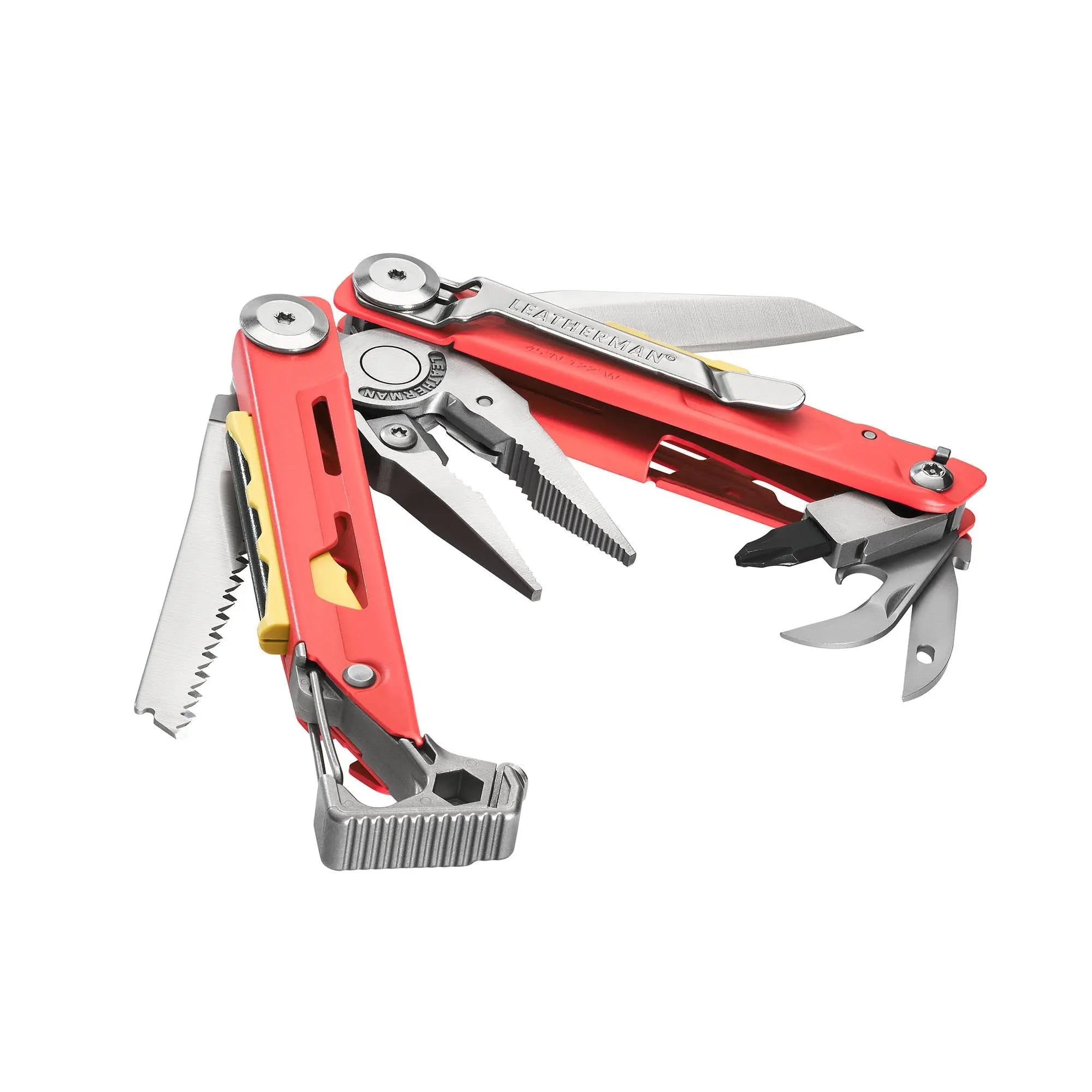 Leatherman Signal multi-tool with display box, featuring 19 essential tools, ideal for outdoor survival in rugged terrains.