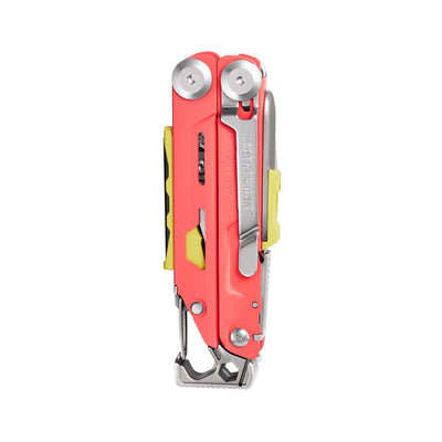 Leatherman Signal Multi-Tool with Display Box, designed for survival, featuring 19 tools for rugged terrains, shown closed in red.