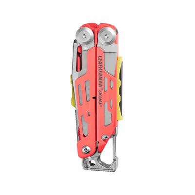 Leatherman Signal multi-tool in vibrant colors, survival tool with 19 features, ideal for exploring rugged terrains, displayed in a box.