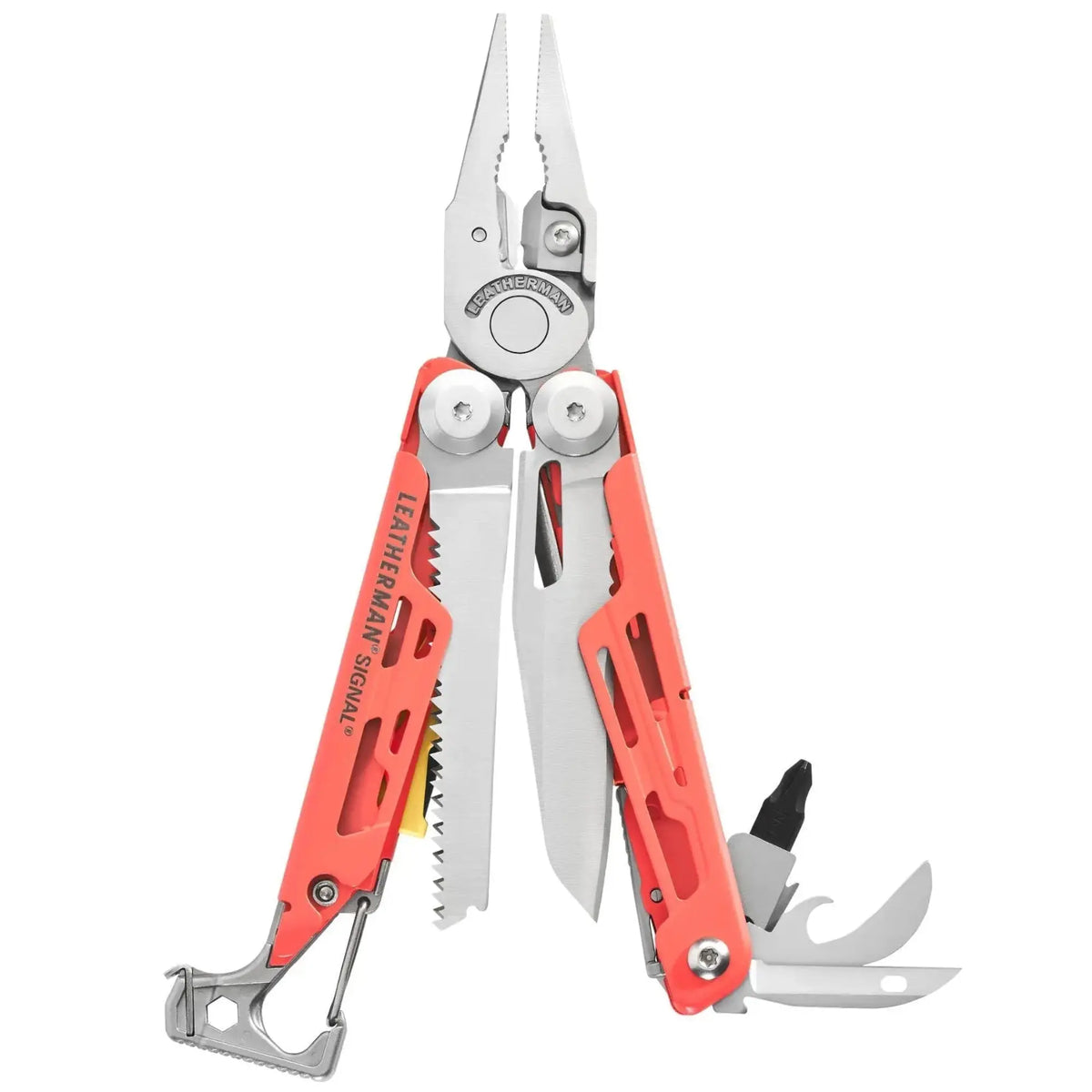 Leatherman Signal Multi-Tool in display box, featuring 19 essential tools for survival in rugged terrains.