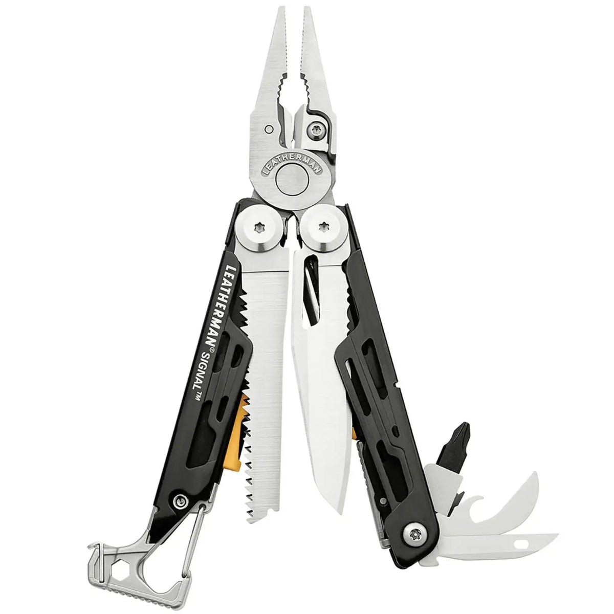 Open Leatherman Signal multi-tool showcasing its various tools against a white background.