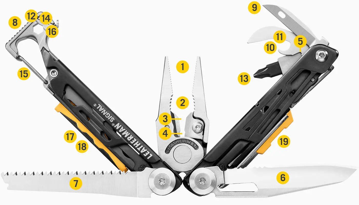 Leatherman Signal Multi-Tool with 19 essential tools for survival, displayed open to show functionality, perfect for rugged terrains.