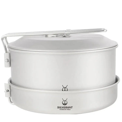 SilverAnt Titanium Camping Cookware Set fully assembled with frying pan, pot, and lid